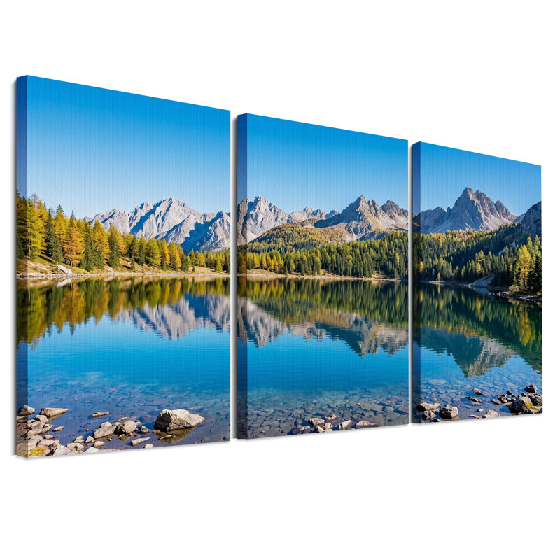 Reflet d'un lac de montagne avec des arbres d'automne - Ensemble de 3 toiles murales, 24"H x 16"W x 3pcs