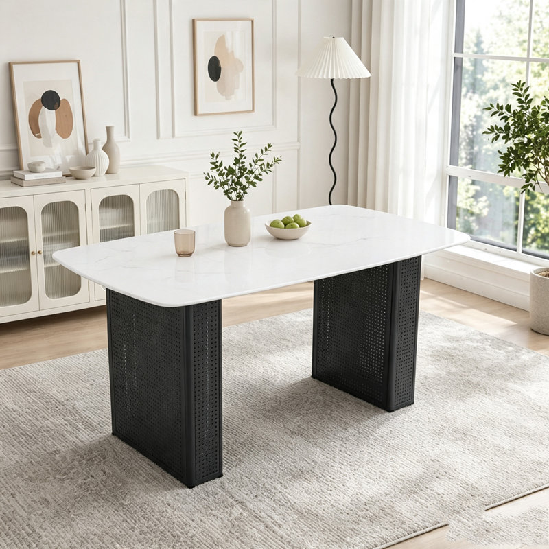 Table de salle à manger rectangulaire moderne en verre trempé avec motif en marbre, Noir