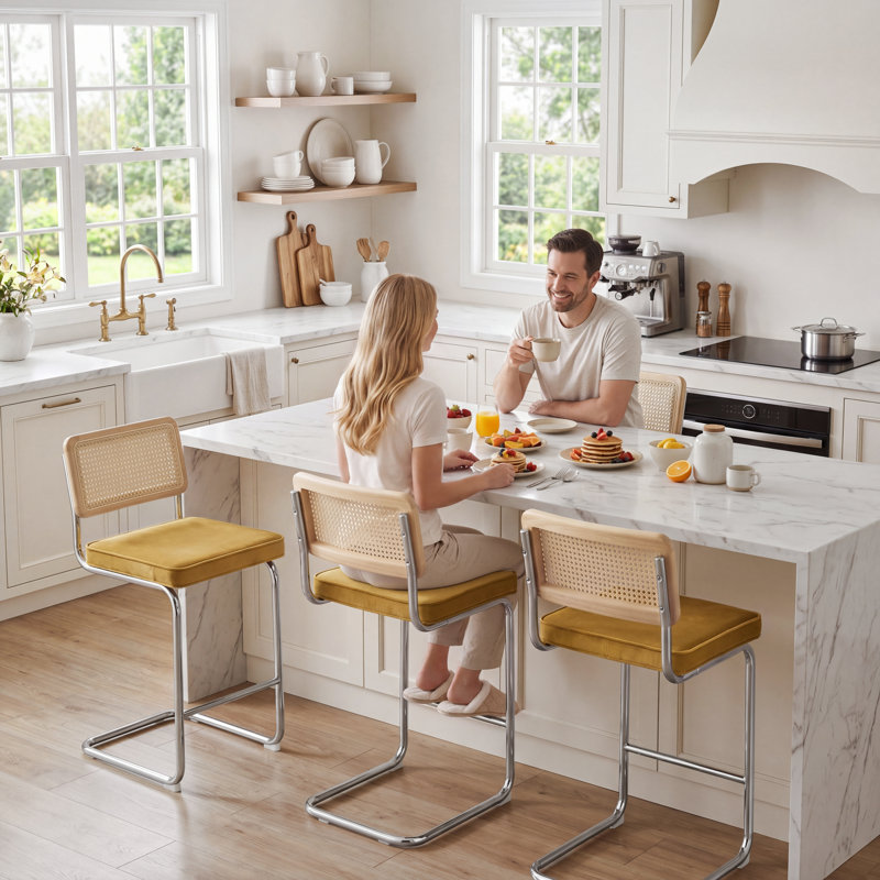 Tabouret de comptoir rembourré 26 po Marlow, 3, Velours jaune moutarde / structure chromée, Hauteur du siège de 26 po