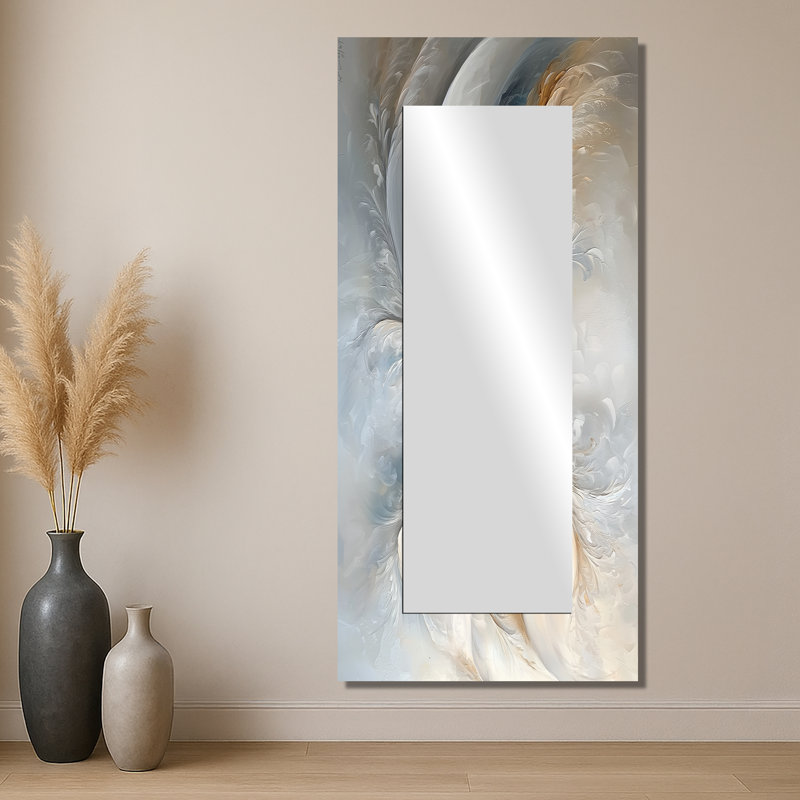 Vagues grises et blanches de l'introspection II - miroir moderne pour décoration murale - imprimé sur métal, 28 po x 60 po