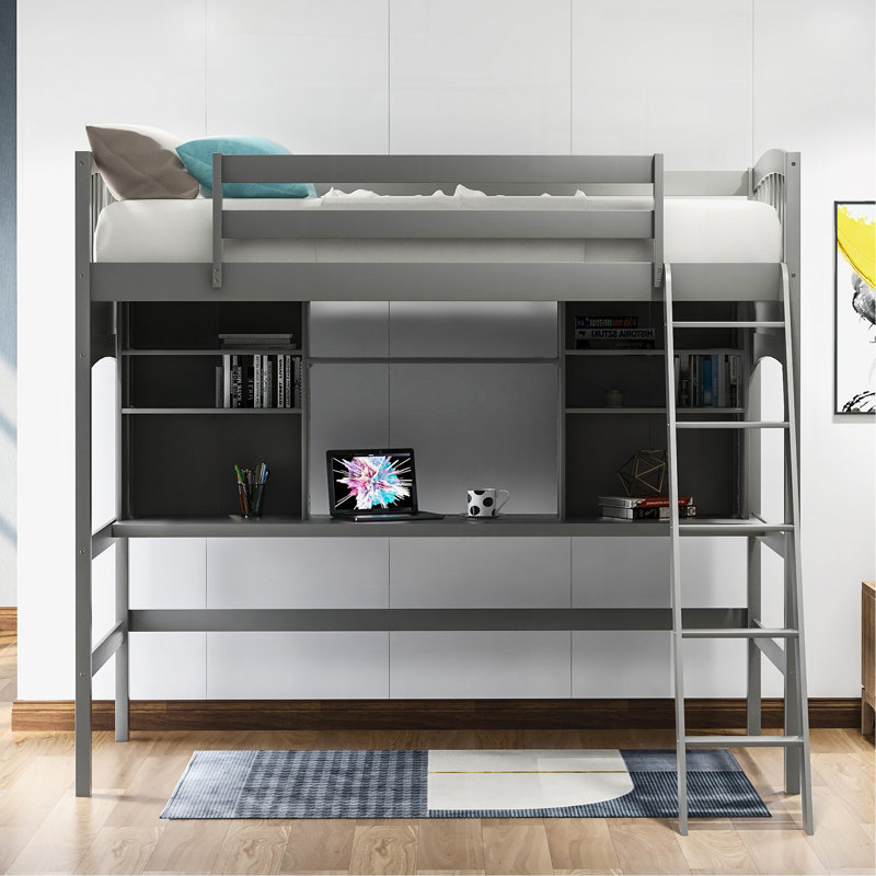 Twin Size Loft Bed With Storage Shelves, Desk And Ladder, Gray, Gray