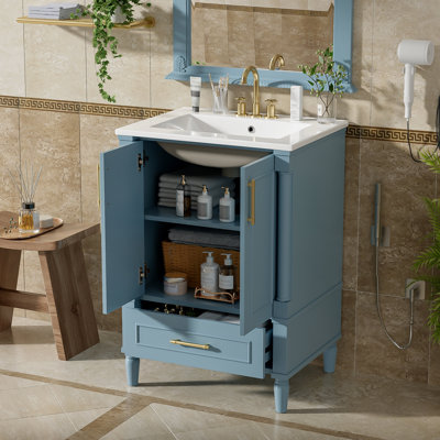 Meuble-lavabo moderne de 24 po avec motif orné et charnières à fermeture en douceur, armoire de salle de bain avec tiroir et structure ouverte au dos, pieds cylindriques français sculptés