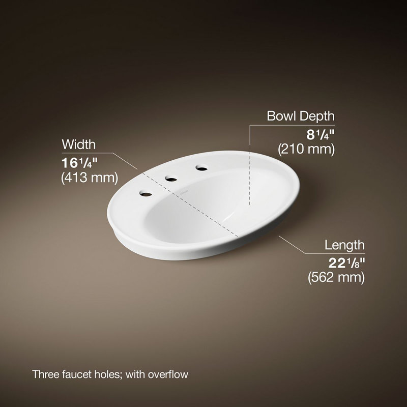 Serif Ceramic Oval Drop-In Bathroom Sink with Overflow, White, 8'' Widespread