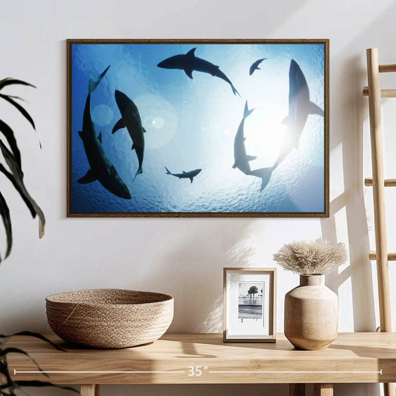 School Of Sharks, 25" X 17", Floating Frame Walnut