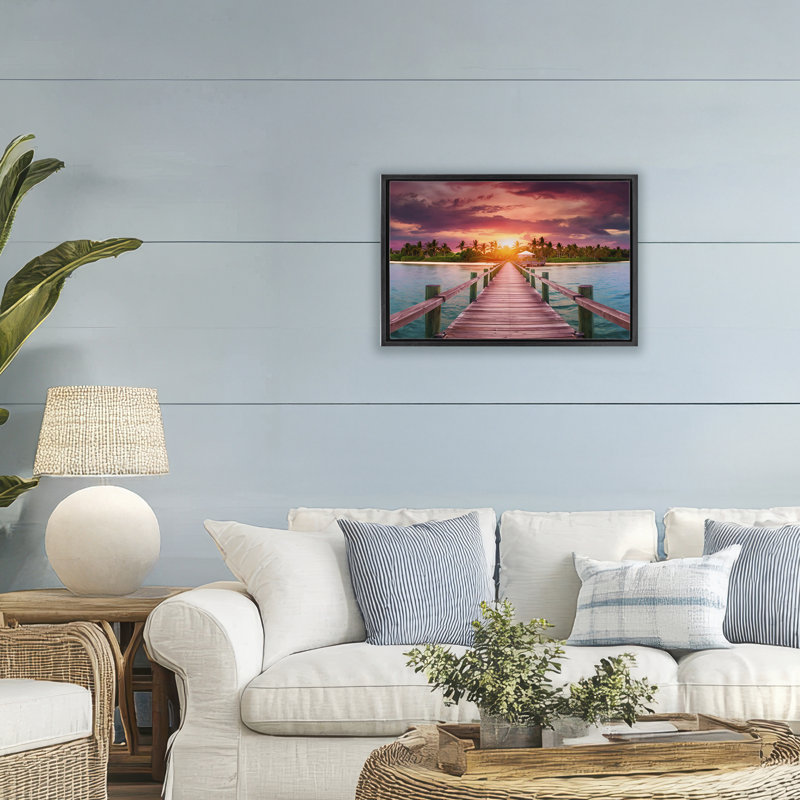 Cadre flottant Peaceful Sunset Over Pier, design par LSR Creative Studio, Cadre flottant noir de jais, H 17 po x l 25 po