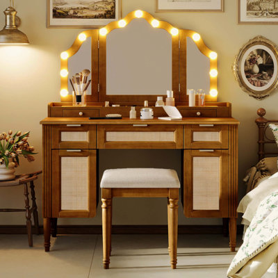 Makeup Vanity Desk with Stool Set, 13 Hollywood Bulbs & 3 Lighting Modes Dressing Table, Tri-Fold Mirror Large Vanity Table with Cushioned Stool, Charging Station, Ample Storage