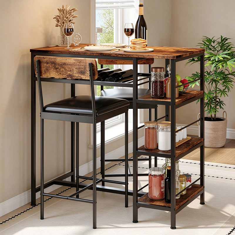 3-Piece Compact Dining Set for 2 with Wine Rack & Metal Frame – Modern Small-Space Dinette for Kitchen, Apartment – Tiger Wood