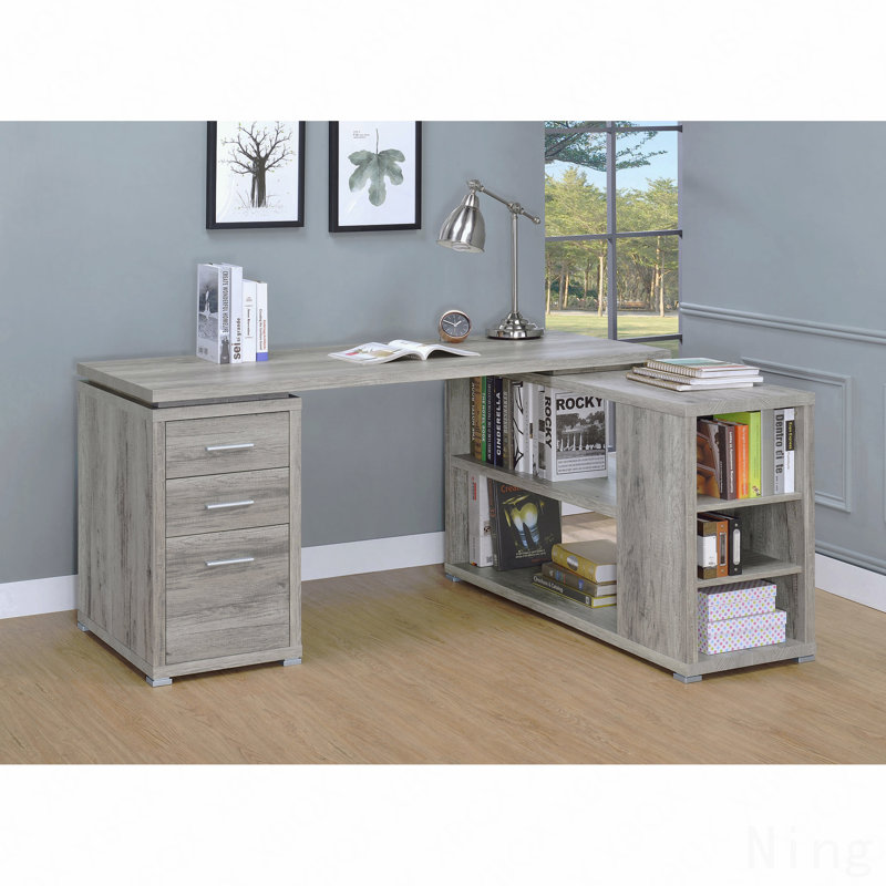 Bureau gris en bois de grève en L, 3 tiroirs
