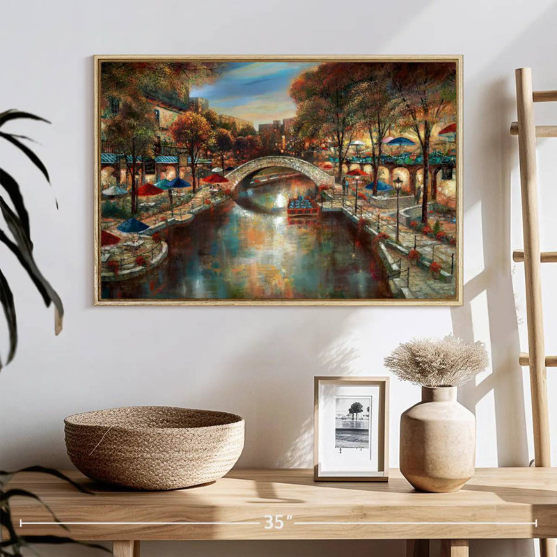 Soirée sur le canal, 25 po x 17 po, Cadre flottant en bois naturel