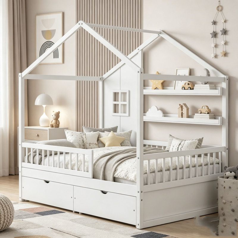 Lit simple avec rideaux, tiroirs de rangement et garde-corps Kids, Lit simple, Blanc
