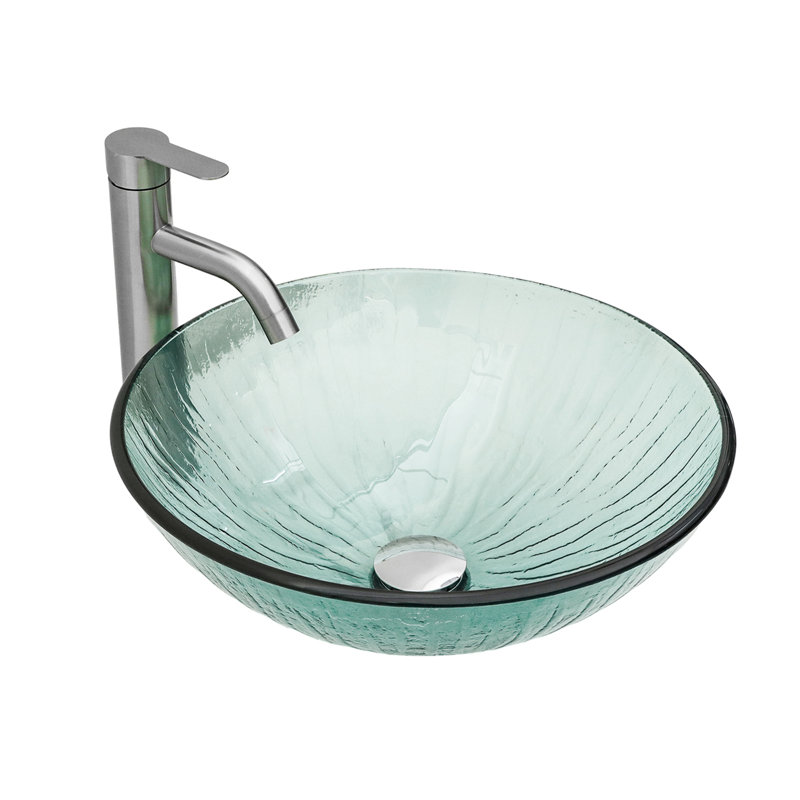Artistic Vertical-Textured Glass Vessel Bathroom Sink With Pop-Up Drain (No Faucet), Green
