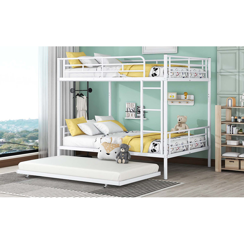 Alaila Kids Bunk Bed with Trundle, White, Full over Full