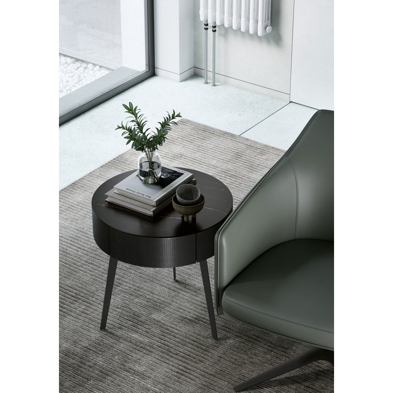 Stainless Steel Top End Table with Storage, Black Granite Quartz