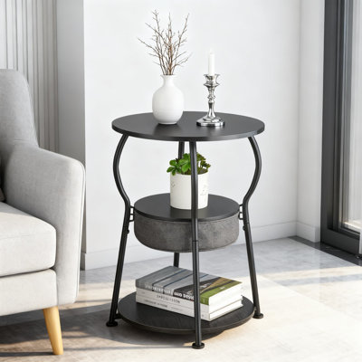 3-Tier Round End Table With Storage Basket | Vintage Style Small Side Table For Living Room, Bedroom & Small Spaces | Durable Metal Frame With Adjustable Shelves