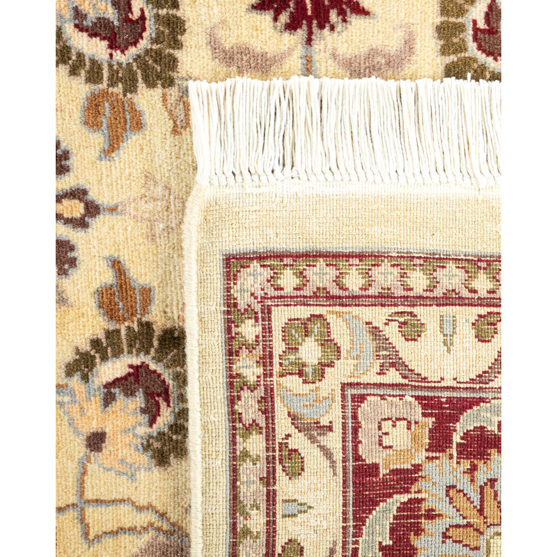 Ivory and Red Hand-Knotted Square Wool Area Rug