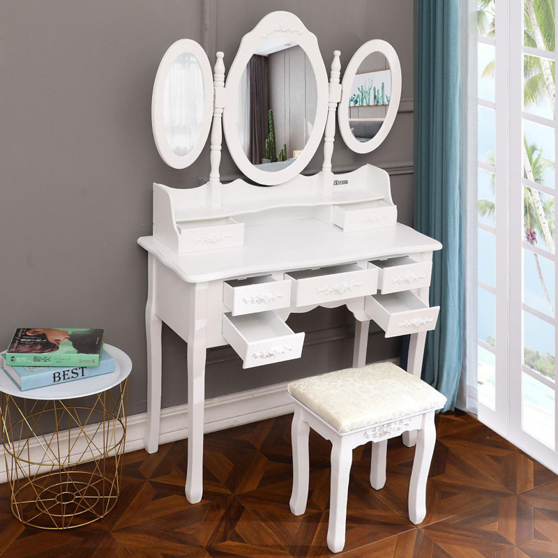 Ensemble de meuble-lavabo avec tabouret et miroir Highview, Blanc