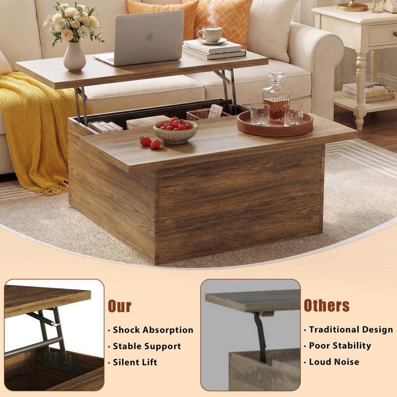 4 In 1 Lift Top Square Coffee Table With Hidden Storage, Brown