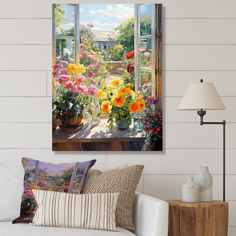 Fleurs d'été, vue de fenêtre à la ferme I - Art mural de fenêtre floral, Toile tendue, H 32 po x l 24 po x P 1 po