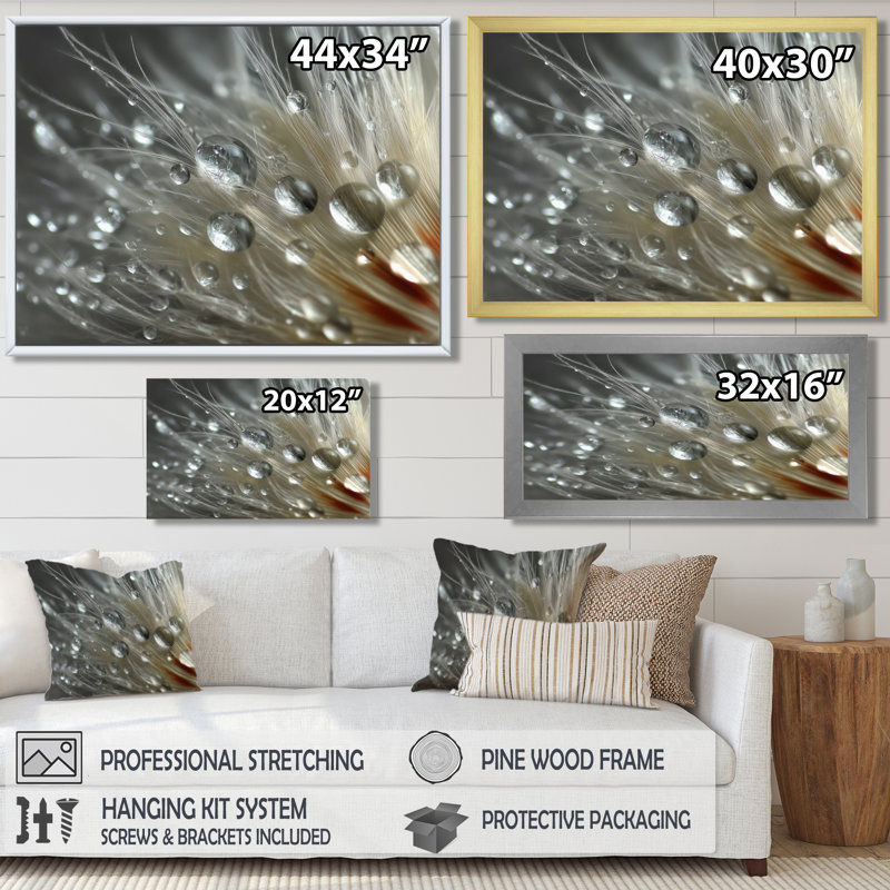 «Winter Feather Water Droplets - Abstract Collages», art mural gris contemporain encadré, H 16 po x l 32 po, Argent argent