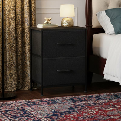 Table de chevet 2 tiroirs l 15,7 po - Bacs en tissu noir, plateau en bois - Rangement à structure en acier