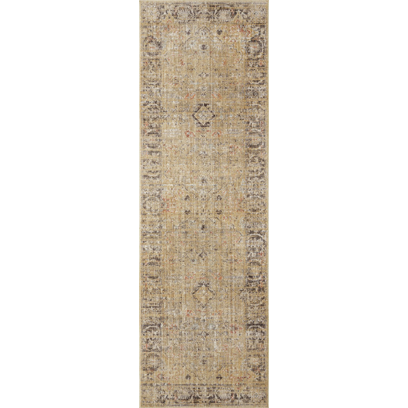 Gold and Charcoal Floral Synthetic Runner Rug, 3 x 12