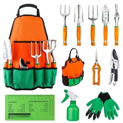 Ensemble d'outils de jardin, ensemble d'outils à main en aluminium 12 pièces, tablier de jardin en toile avec poche de rangement, outil d'extérieur, ensemble de travail de jardinage robuste avec poignée ergonomique, outils de jardinage pour femmes