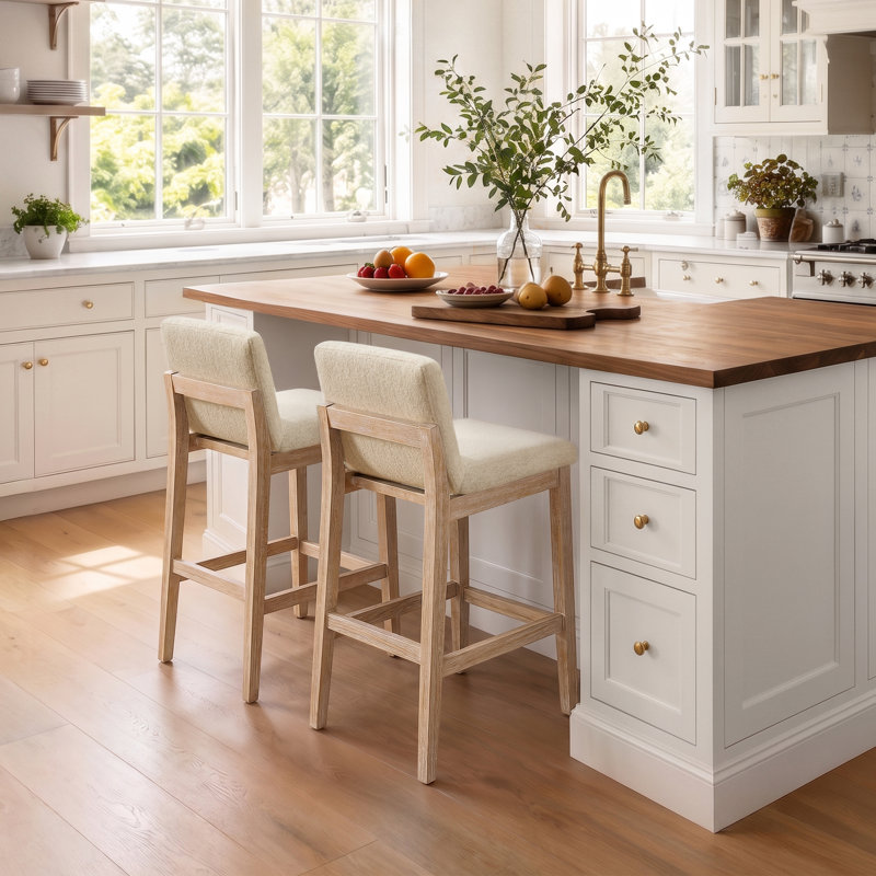 Tabouret de comptoir rembourré en lin massif Albia, Beige / rustique