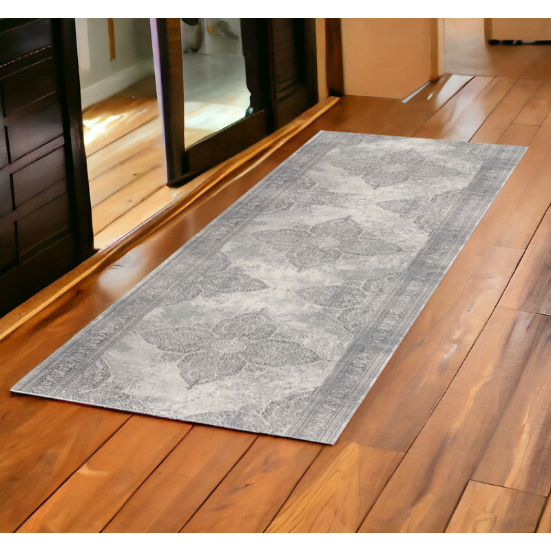 2’ X 6’ Gray Distressed Medallion Area Rug