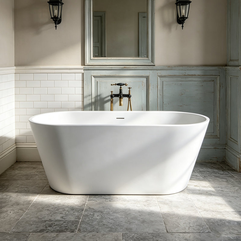 63" Matte White Solid Surface Freestanding Soaking Bathtub with Drain