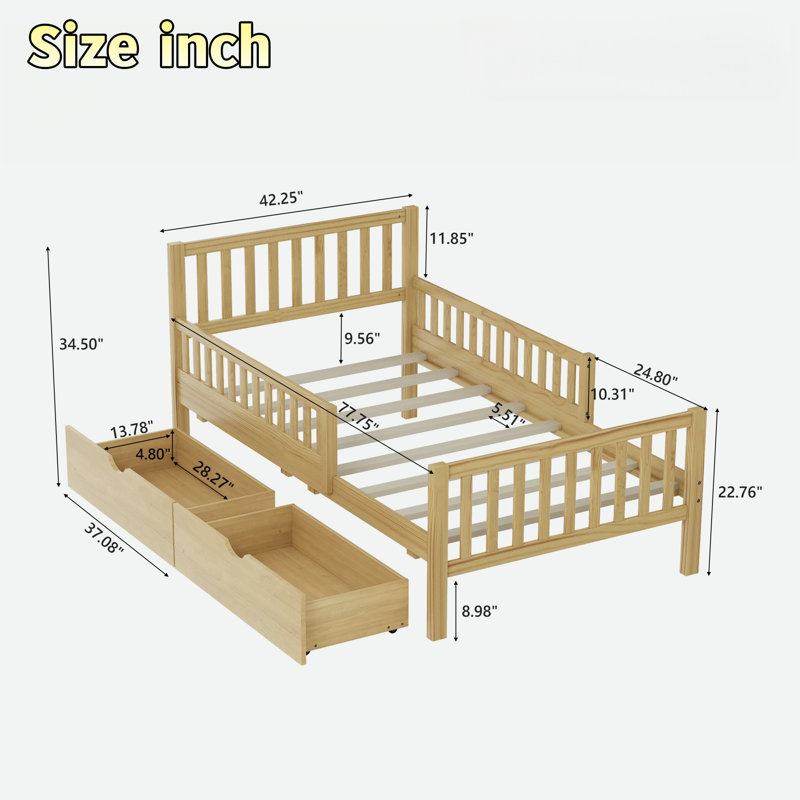Lit plateforme en bois avec garde-corps et 2 tiroirs de rangement, Lit simple