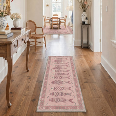 Tapis de couloir oriental lavable rose / ivoire avec envers antidérapant
