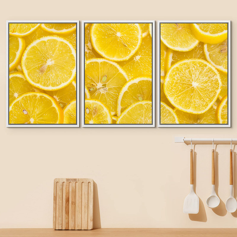Impression de cuisine sur fond de citrons mûres tranchées sur toile, 3 pièces, Cadre flottant blanc, H 24 po x l 16 po