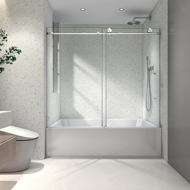 6063 Nickel brossé sans cadre, une porte de douche fixe et une porte décalée, grandes poulies en acier inoxydable de 70 mm et 304 avec fonction de fermeture en douceur réglable, avec nettoyage facile, poignée anti-déflagrante