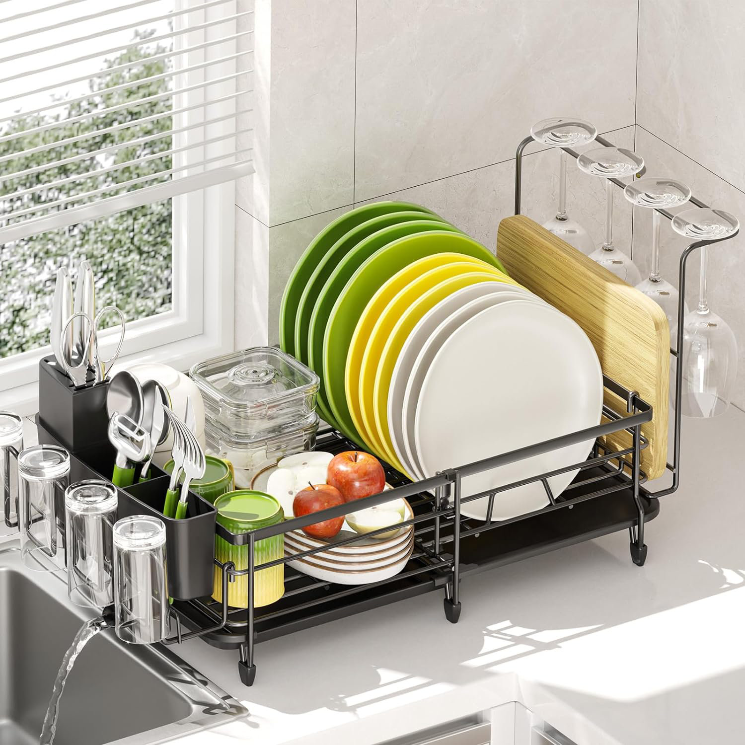 Egoutoire Vaisselle Cuisine 2 Niveaux, Égouttoir Vaisselle En Acier Inoxydable Avec Porte-Gobelets Et Porte-Ustensiles