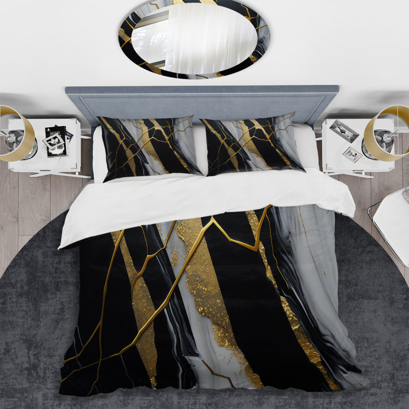 Abstract Geode Black II - Ensemble de housse de couette moderne - Polyester microfibre