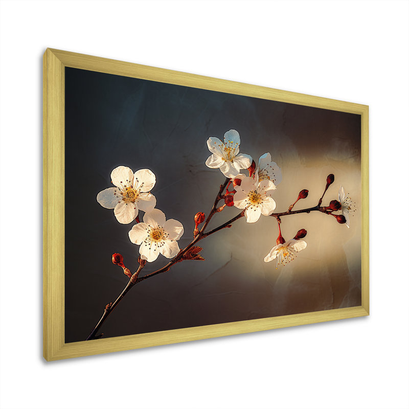 Cherry Blossom Charm en monochrome sur toile, Cadre doré simple, H 12 po x l 20 po x P 1 po