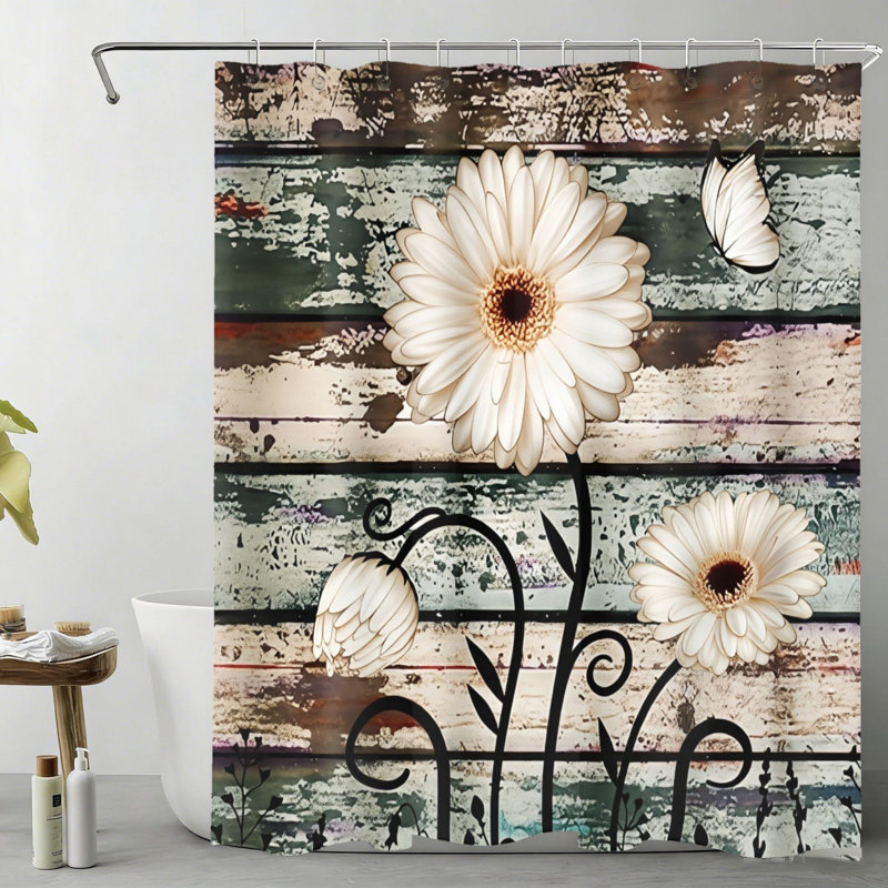 Rideau de douche vintage en bois de style campagnard avec crème 72 po x 72 po Gerbera