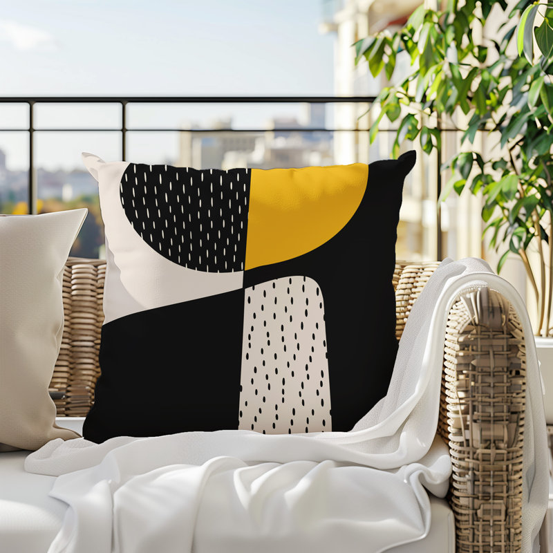 Coussin carré intérieur / extérieur pia, H 15 po x l 15 po, Jaune / noir / blanc cassé