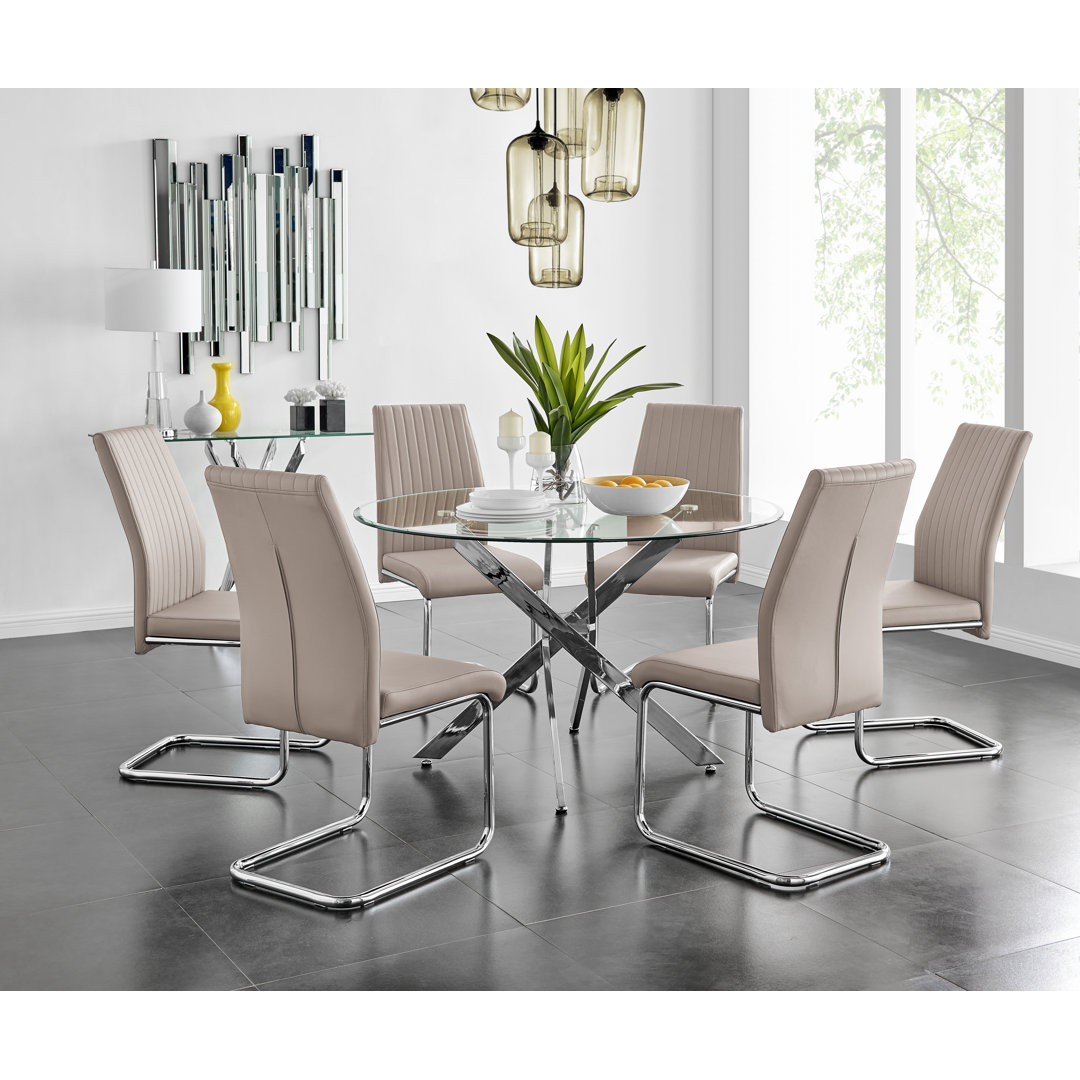 Tierra Sleek Metal and Glass 6 Seat Round Dining Table Set with 6 Luxury Faux Leather Dining Chairs East Urban Home Chair 