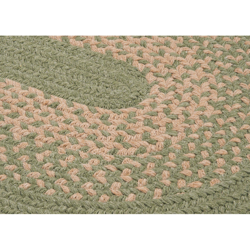 Green and Beige Oval Braided Wool Blend Runner Rug