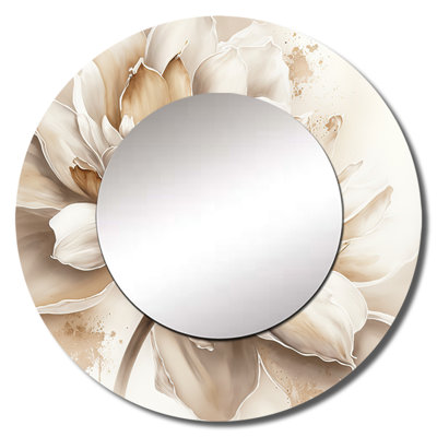 Shawntasia Single Beige Flower III - Floral Wall Mirror, Beige Round Decorative Mirror, Printed Metal Art