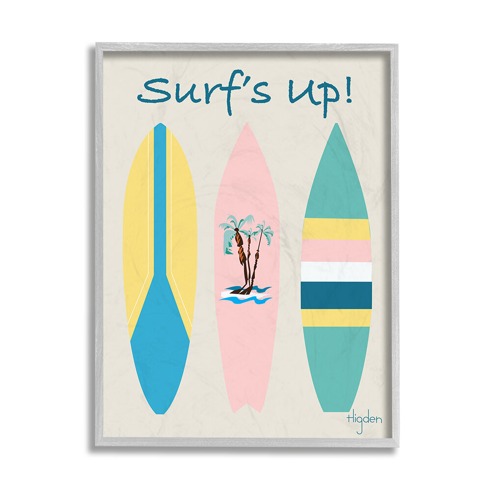 Surf's Up Phrase Pastel Palm Tree Surfboard by Mark Higden - Graphic Art Print Rosecliff Heights Size: 30 H x 24 W x 1.5 D, Format: Black Framed