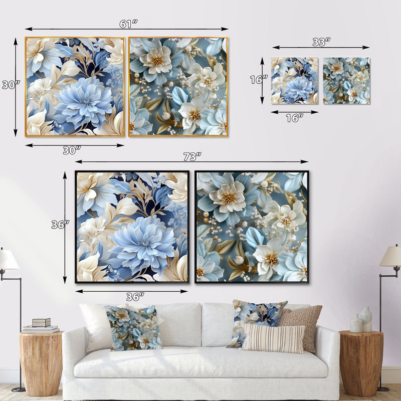 Warwick - Ensemble de 2 collages floraux carrés, H 16 po x l 33 po, Cadre flottant blanc