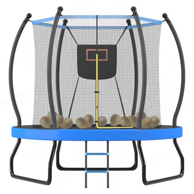 8FT Trampoline With Basketball Hoop, Enclosure Net And Ladder, Outdoor Trampoline For Kids, Recreational Backyard Trampoline
