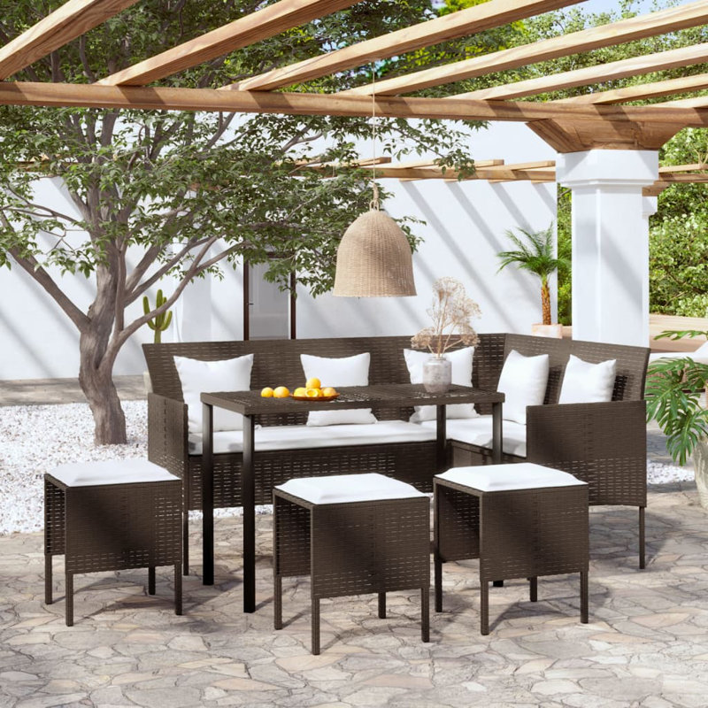 L-shaped Couch Sofa Set 5 Piece with Cushions Poly Rattan, Brown, Brown, White