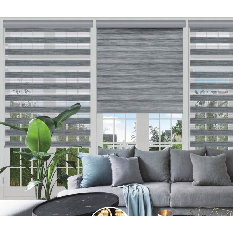 Store à enroulement semi-transparent sans cordon aspect bois jour et nuit, L 24 po x L 84 po, gris