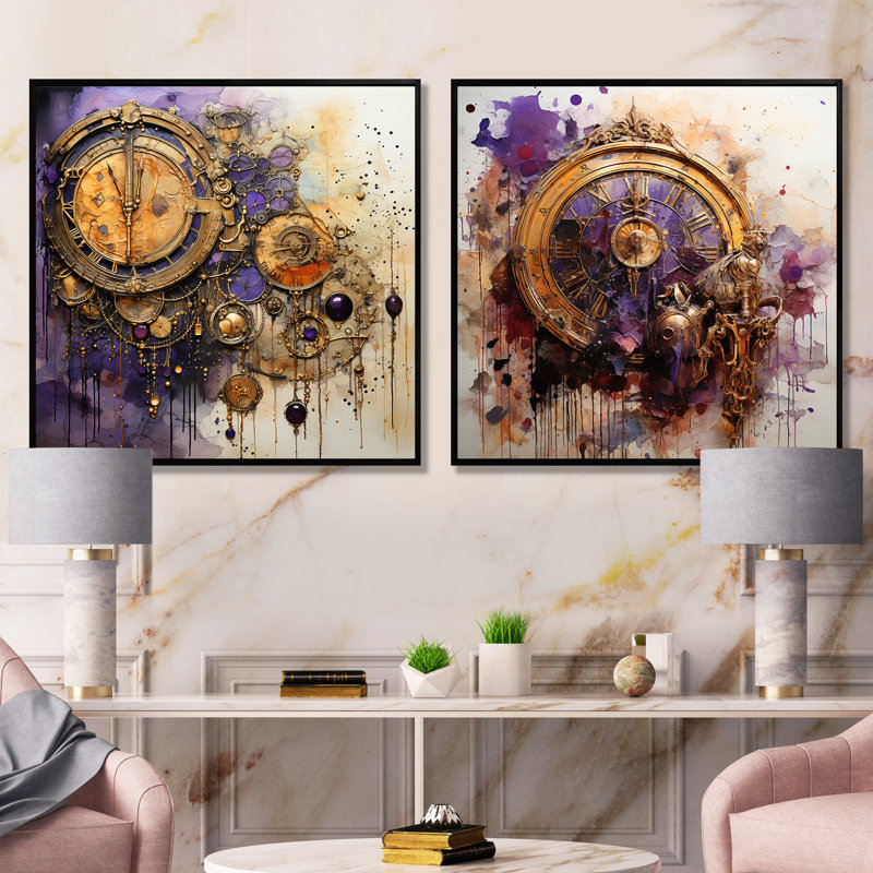 «Mauve et jaune» Timeless Collage I - Classics, ensemble de 2 impressions sur toile, Cadre flottant noir