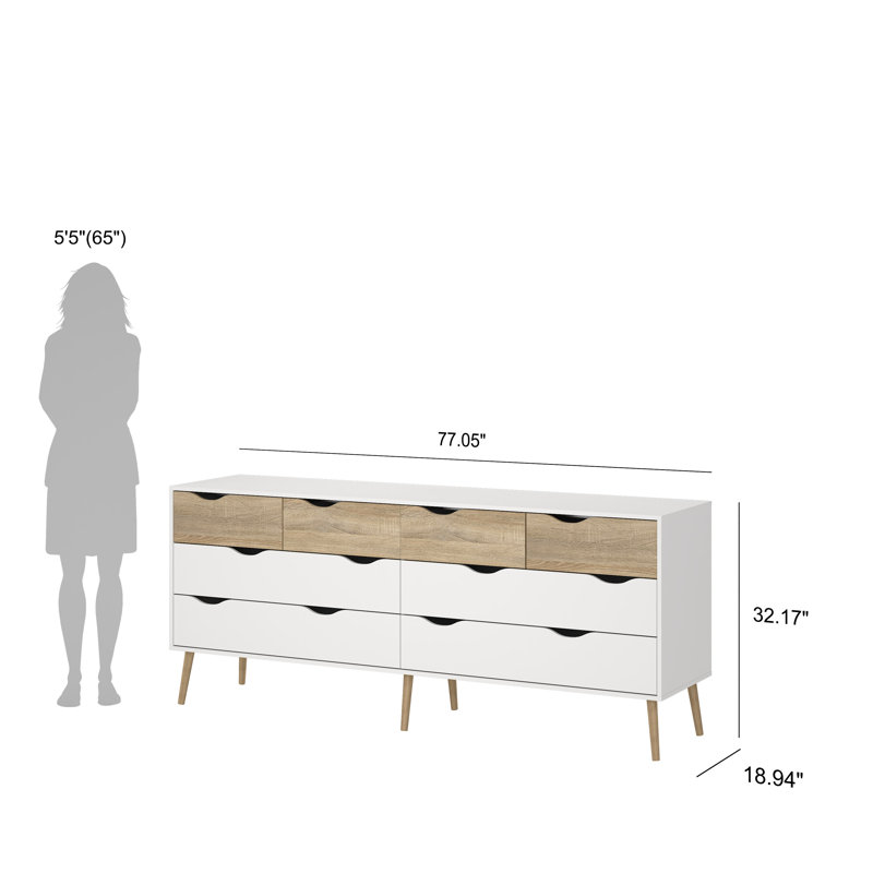 Justus 8 Drawer 77.05" W Double Dresser, Oak/White