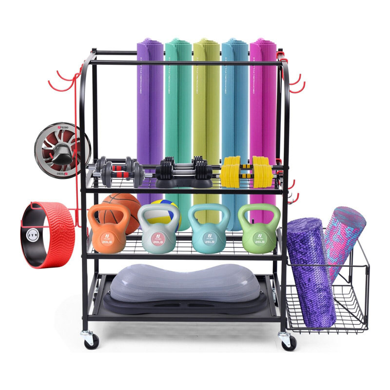 All-in-One Sports Storage Rack for Garage, Ball Holder, Yoga Mat Organizer with Hooks and Basket