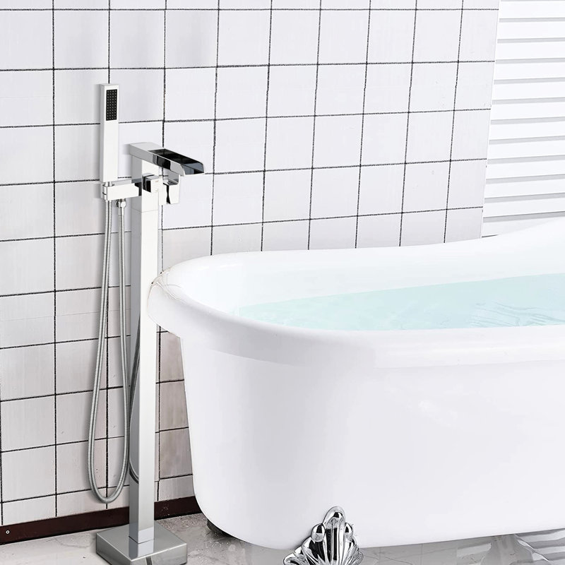 Floor Mounted Waterfall Tub Faucet With Corrosion Hand Shower Effect And Handheld In, Stainless Steel